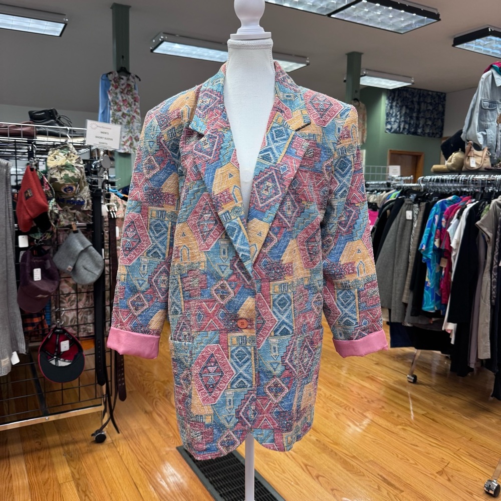Vintage CAC Geometric Aztec Print Textured Boxy Pastel 80’s-90’s Women's Blazer